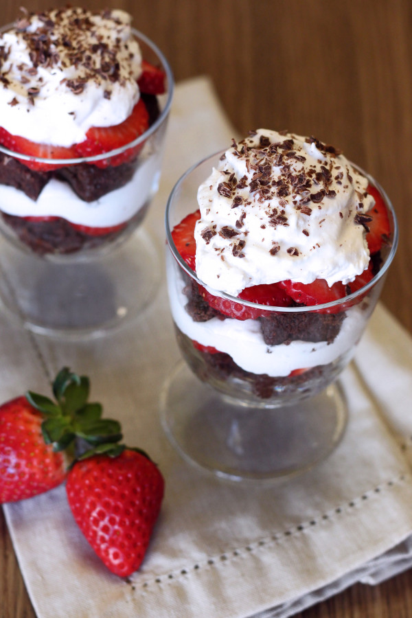 Gluten Free Vegan Berry Brownie Parfaits. Layers of chocolaty brownies, sweet strawberries and diary free whipped coconut cream.