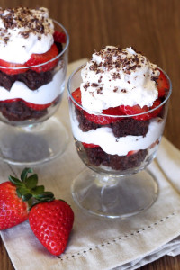 Gluten Free Vegan Berry Brownie Parfaits. Layers of chocolaty brownies, sweet strawberries and diary free whipped coconut cream.