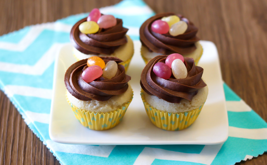 Gluten Free Vegan Mini Chocolate Nest Cupcakes. An allergen free Easter treat for all! Recipe found at Sarah Bakes Gluten Free.