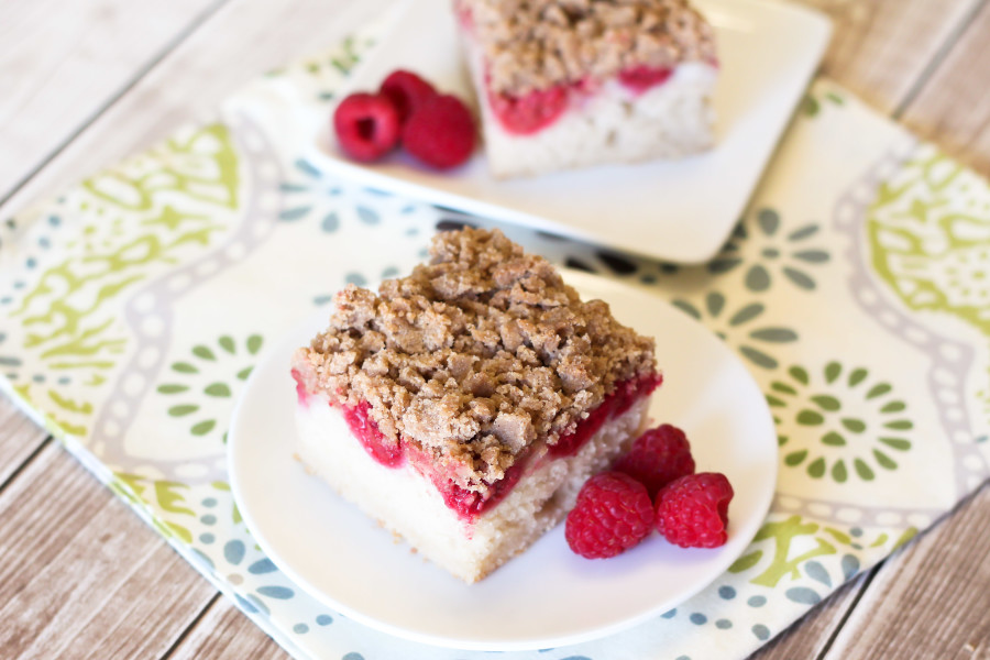 Gluten Free Vegan Raspberry Coffee Cake. Perfect served with a hot cup of coffee on a chilly spring morning!