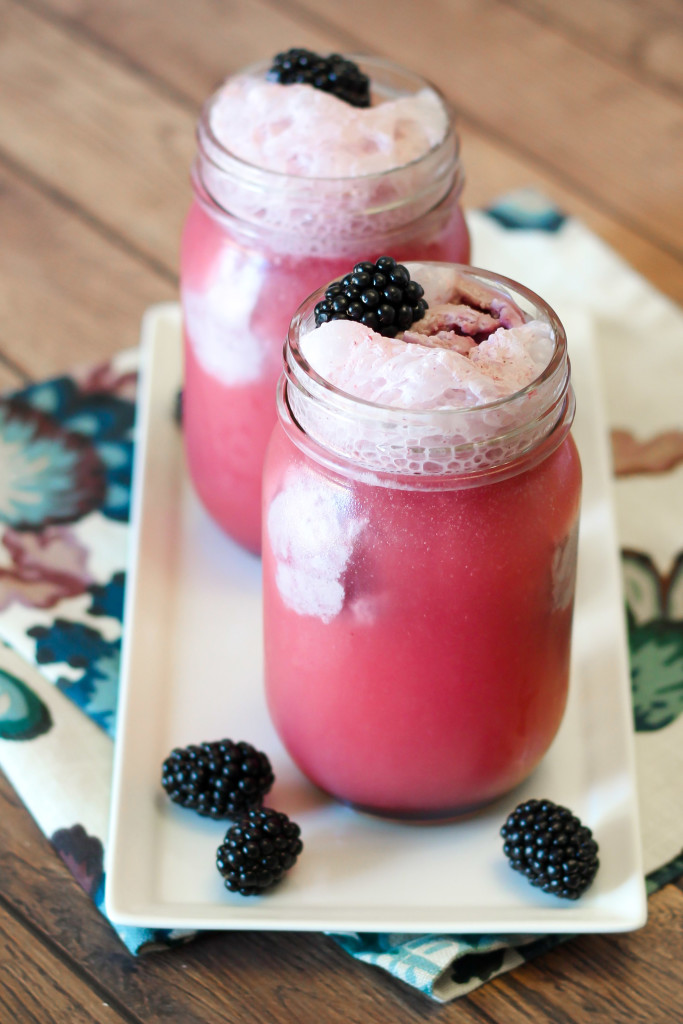 Dairy Free Blackberry Floats. Made with coconut milk ice cream, fresh blackberry sauce and a little sparkling water. So refreshing!