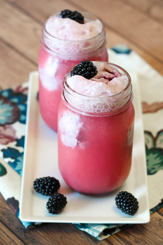 Dairy Free Blackberry Floats. Made with coconut milk ice cream, fresh blackberry sauce and a little sparkling water. So refreshing!