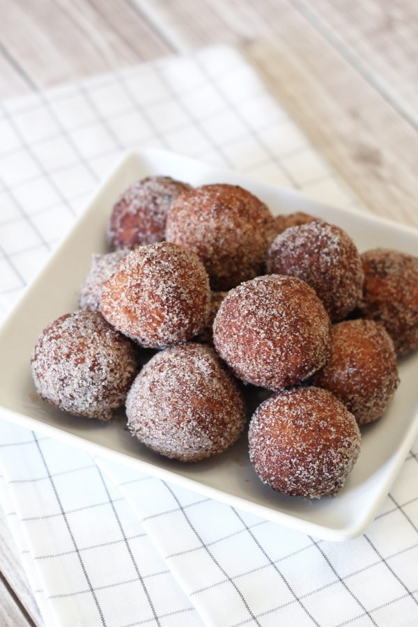 Gluten Free Vegan Cinnamon Sugar Donut Holes. Holy yum! Allergen free and delicious. Recipe found at Sarah Bakes Gluten Free.