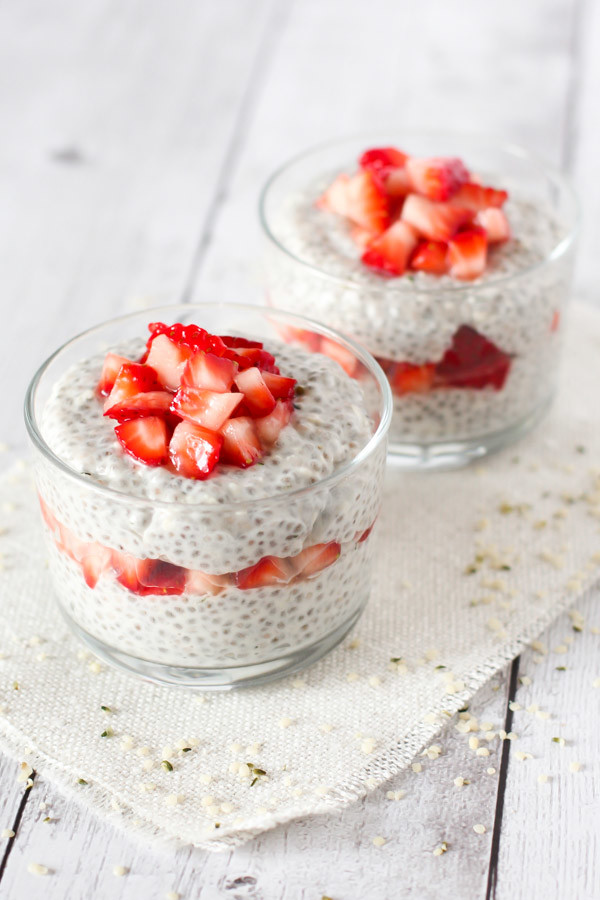 Dairy Free Strawberry Vanilla Protein Powder. Layers of vanilla chia pudding with hemp hearts, as well as fresh strawberries.