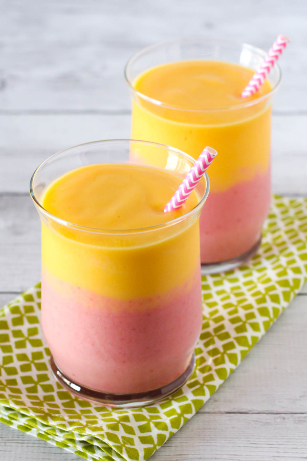 Dairy Free Strawberry Mango Smoothie. A double layer smoothie, with sweet strawberries and creamy mangos!