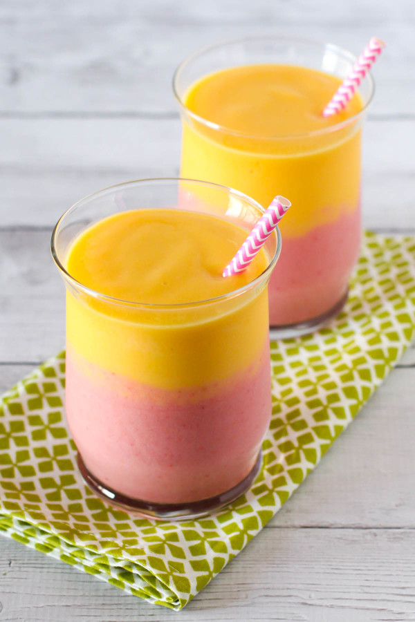 Dairy Free Strawberry Mango Smoothie. A double layer smoothie, with sweet strawberries and creamy mangos!