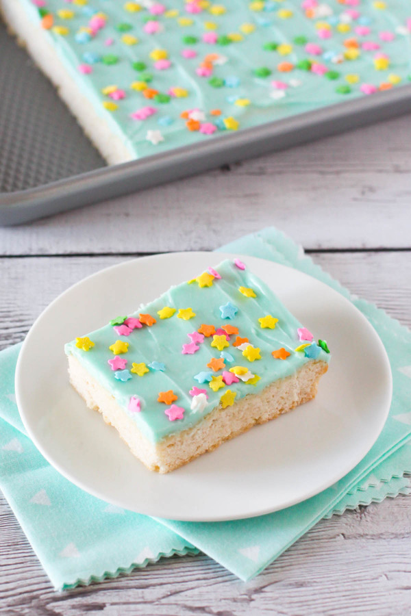 Gluten Free Vegan Frosted Sugar Cookie Bars. A quick way to make soft sugar cookies. Great for serving at parties or potlucks!