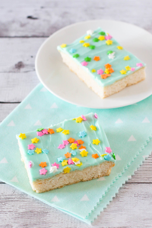 Gluten Free Vegan Frosted Sugar Cookie Bars. A quick way to make soft sugar cookies. Great for serving at parties or potlucks!