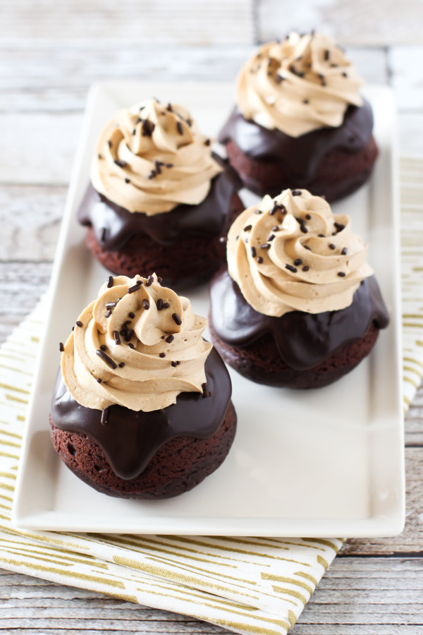 Gluten Free Vegan Dark Chocolate Mocha Mini Cakes. Dark chocolate cake, topped with decadent ganache and fluffy dairy free espresso buttercream. Heavenly! 