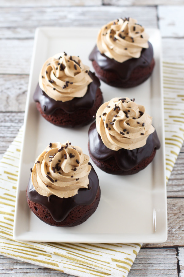 Gluten Free Vegan Dark Chocolate Mocha Mini Cakes. Dark chocolate cake, topped with decadent ganache and fluffy dairy free espresso buttercream. Heavenly! 