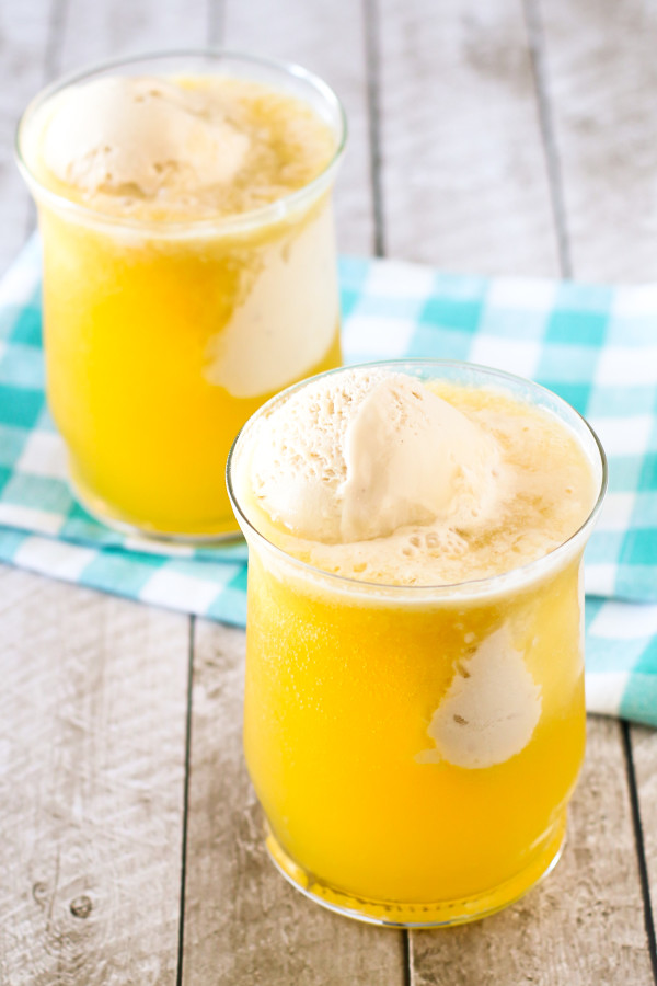 Dairy Free Mango Ginger Beer Floats. Sweet mango juice with naturally gluten free ginger beer, topped with So Delicious cashew milk ice cream!