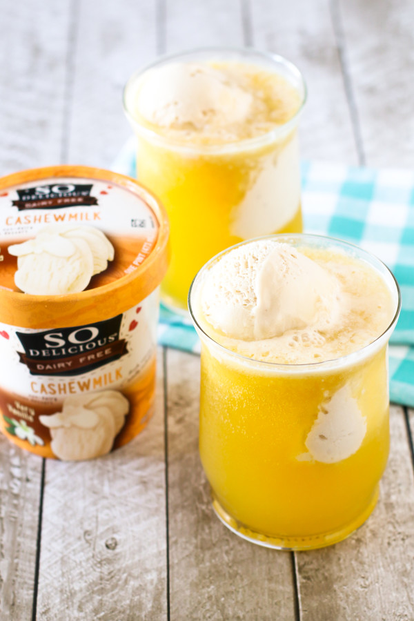 Dairy Free Mango Ginger Beer Floats. Sweet mango juice with naturally gluten free ginger beer, topped with So Delicious cashew milk ice cream!