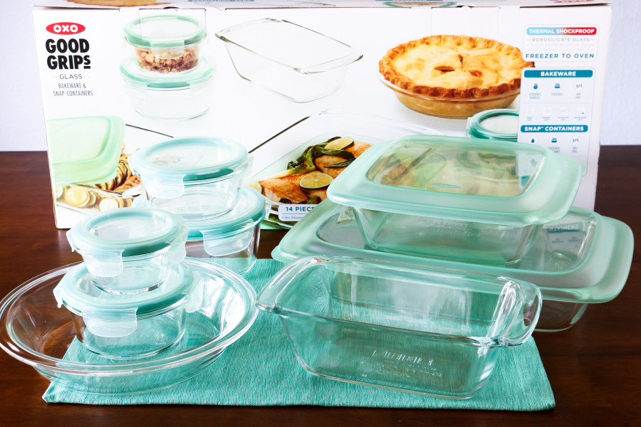 OXO G14 Piece Glass Bake, Serve and Store Set. With snap-on lids, they are perfect for baking, storing and reheating!