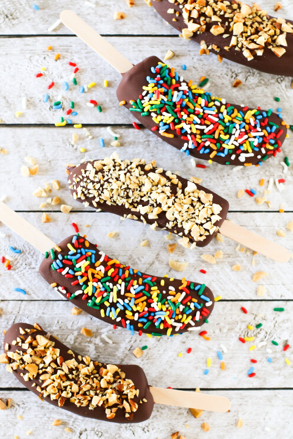 Dairy Free Chocolate-Dipped Frozen Bananas. Coated in creamy chocolate and yummy toppings, these frozen bananas are a fun, quick treat!