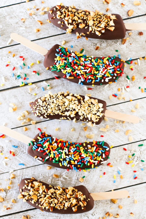 Dairy Free Chocolate-Dipped Frozen Bananas. Coated in creamy chocolate and yummy toppings, these frozen bananas are a fun, quick treat!