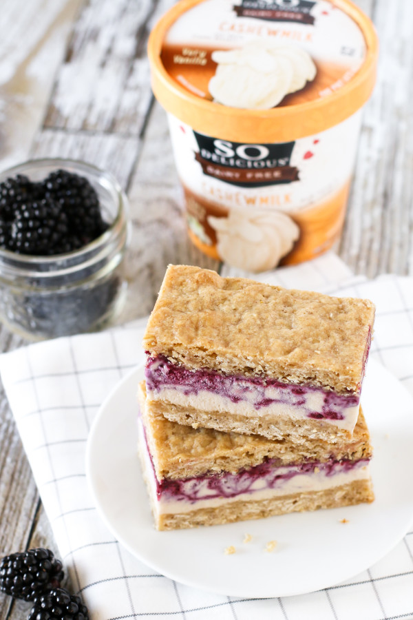 Gluten Free Vegan Blackberry Crisp Ice Cream Sandwiches. Creamy blackberry swirled So Delicious cashew milk ice cream, sandwiched between two oatmeal crisp cookies. 