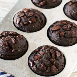 Gluten Free Vegan Dark Chocolate Muffins. Refined sugar free, these muffins are even packed with protein and a secret ingredient!