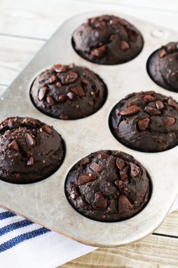 Gluten Free Vegan Dark Chocolate Muffins. Refined sugar free, these muffins are even packed with protein and a secret ingredient!