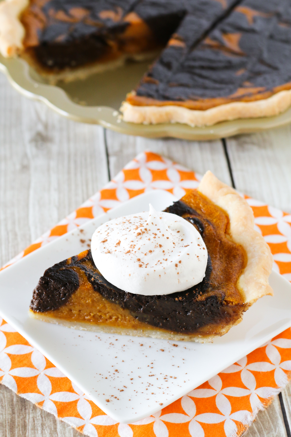 Gluten Free Vegan Chocolate Swirled Pumpkin Pie. Classic pumpkin pie with a chocolate twist!