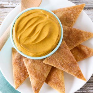 Gluten Free Vegan Cinnamon Sugar Pie Crust Chips and Pumpkin Cheesecake Dip. Quite the sweet duo!