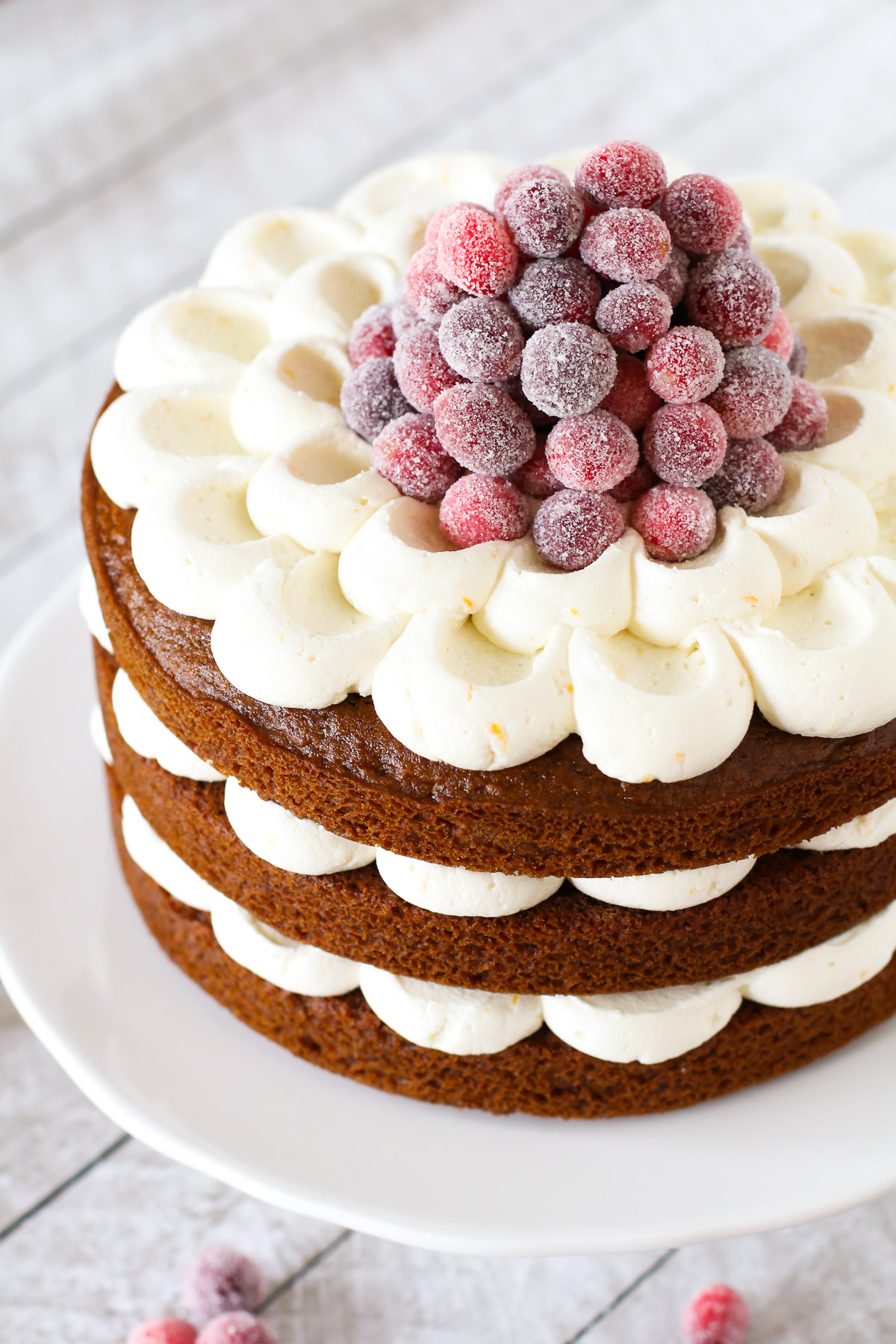 Gluten Free Vegan Gingerbread Layer Cake with Sugared Cranberries. Layers of gingerbread spice cake and dairy free orange buttercream, topped with a mountain of beautiful sugared cranberries!