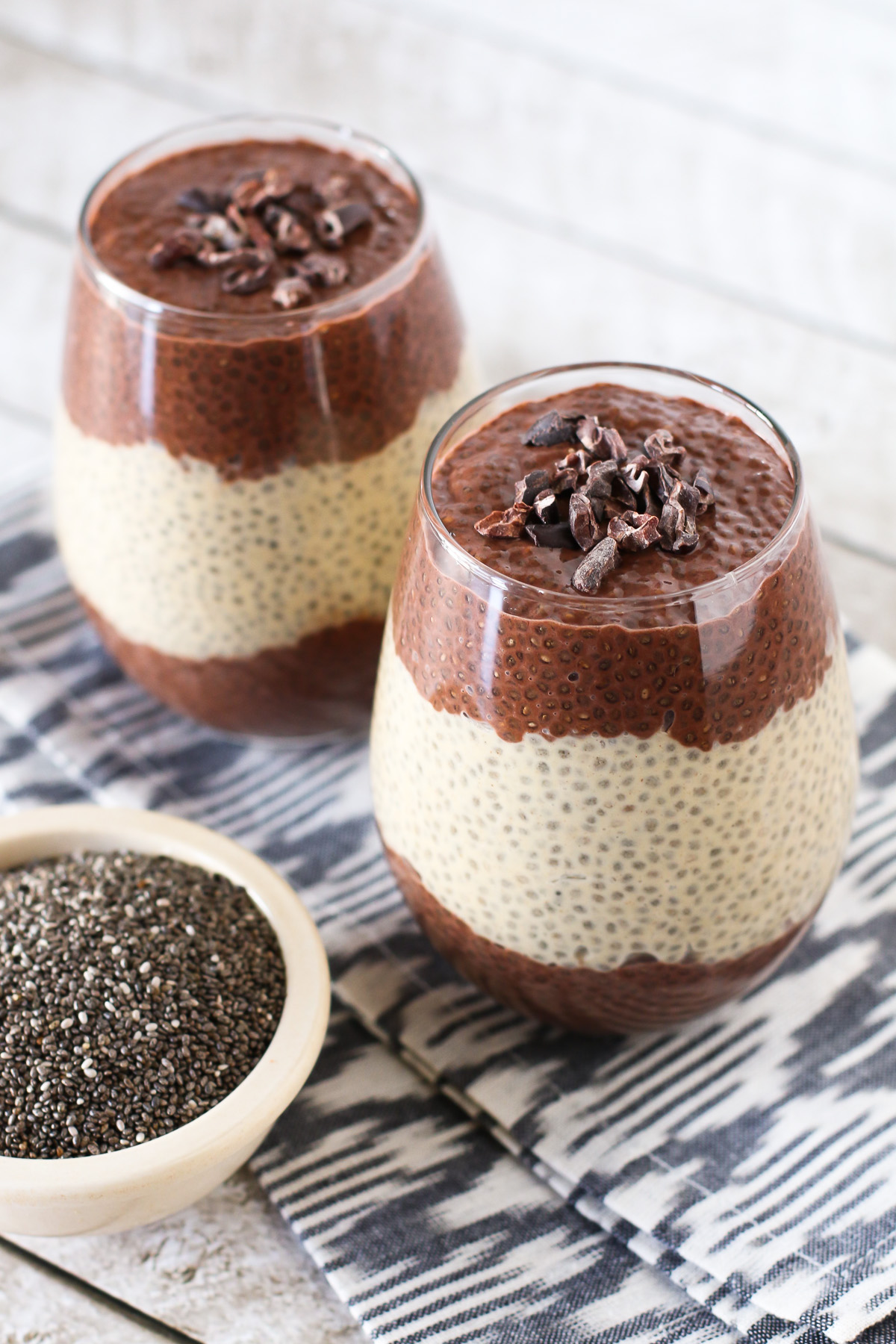 Dairy Free Chocolate Peanut Butter Chia Pudding. Layers of creamy chocolate and peanut butter chia seed pudding. A decadent, guilt-free treat!
