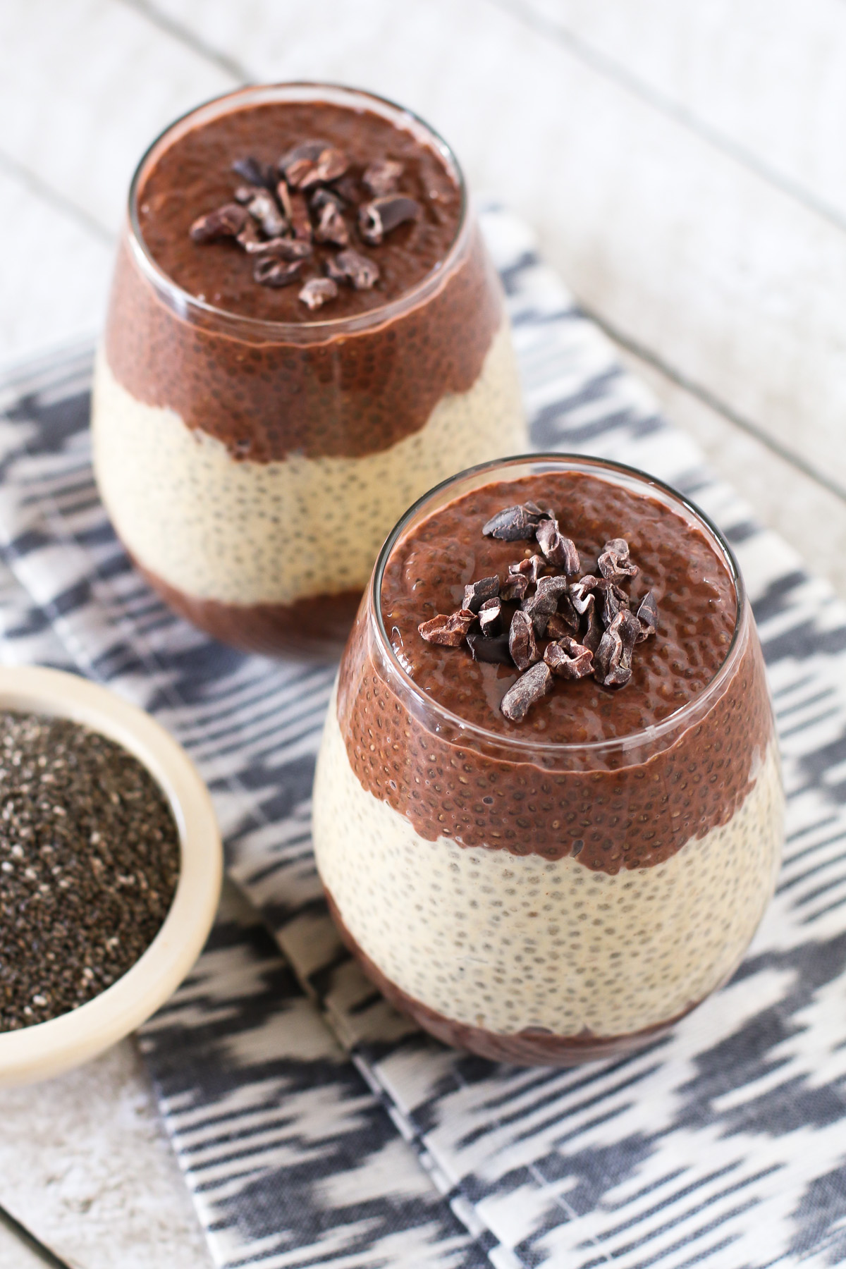 Dairy Free Chocolate Peanut Butter Chia Pudding. Layers of creamy chocolate and peanut butter chia seed pudding. A decadent, guilt-free treat!