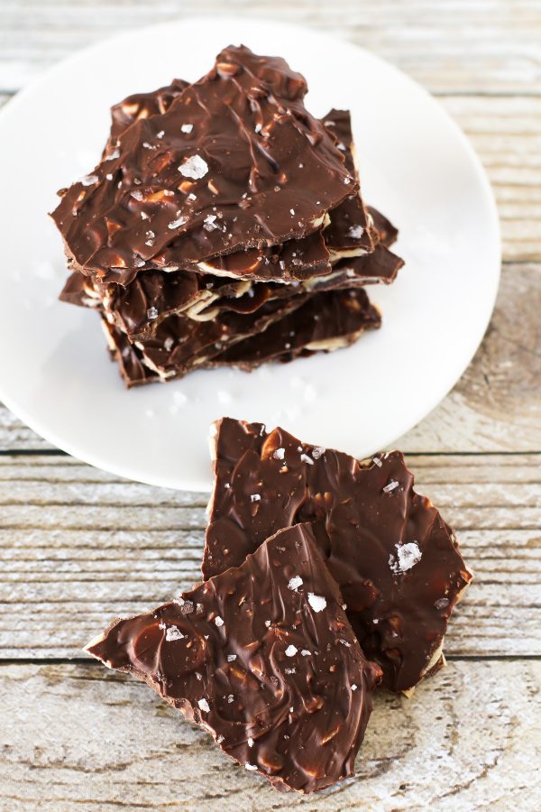 Sea Salt Chocolate Almond Bark. Thin layer of toasted sliced almonds, coated in chocolate and sprinkled with flaked sea salt.