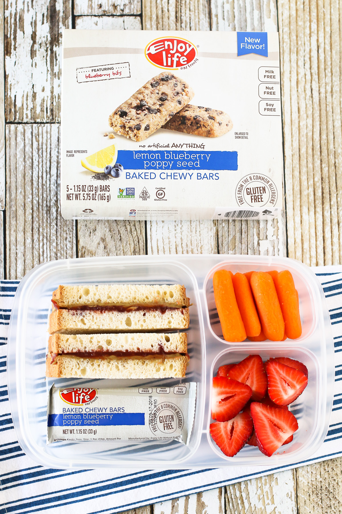 Easy Allergen Free School Lunches. Gluten free sunflower seed butter and jelly sandwich sticks, served with an Enjoy Life Baked Chewy Bar. 