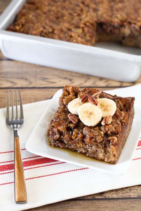 Gluten Free Vegan Banana Pecan Baked French Toast. Baked to perfection, this decadent breakfast is so moist and flavorful!