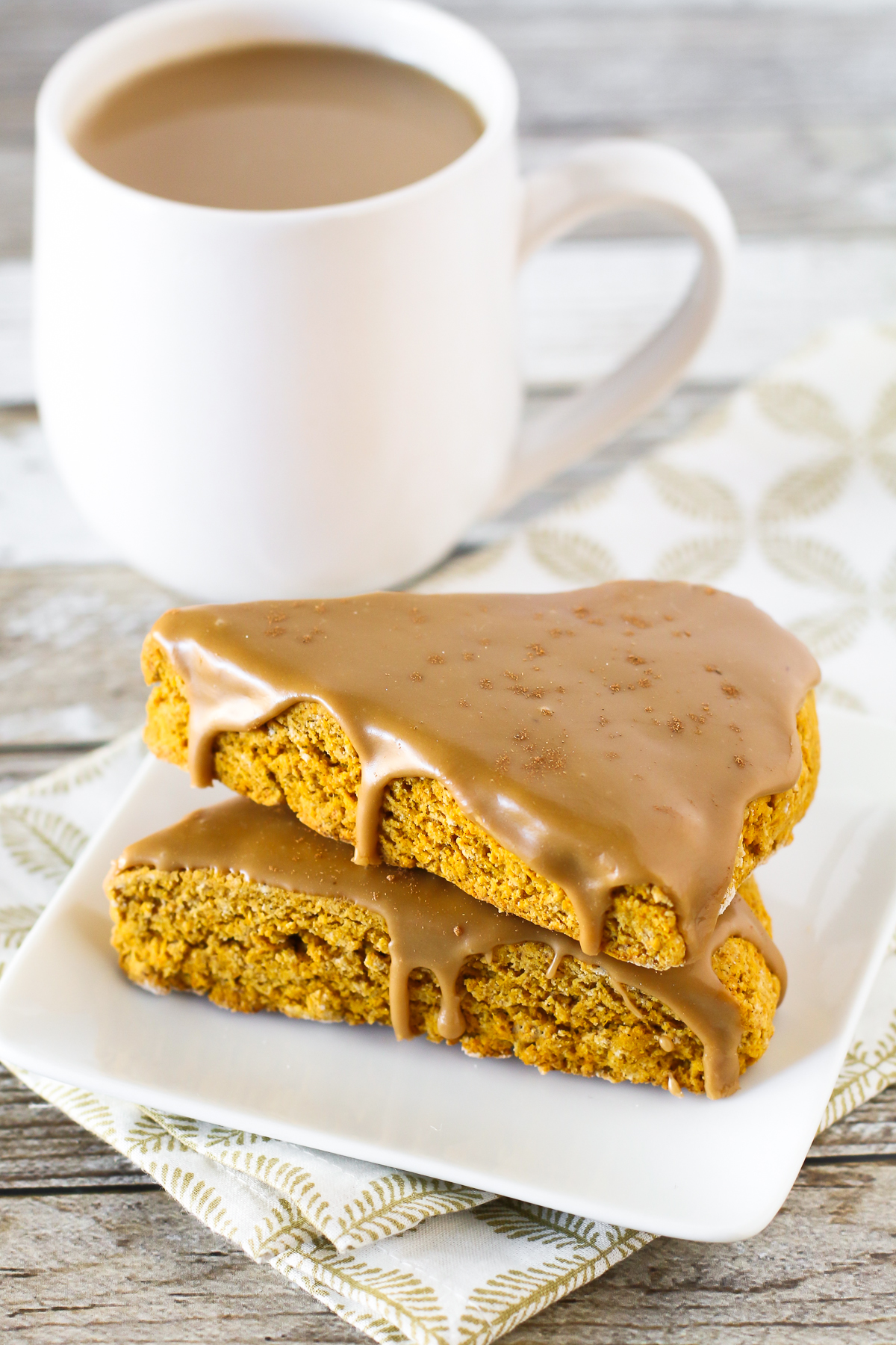 Gluten Free Vegan Pumpkin Spice Latte Scones. Tender pumpkin scones with a simple espresso glaze. So dreamy!