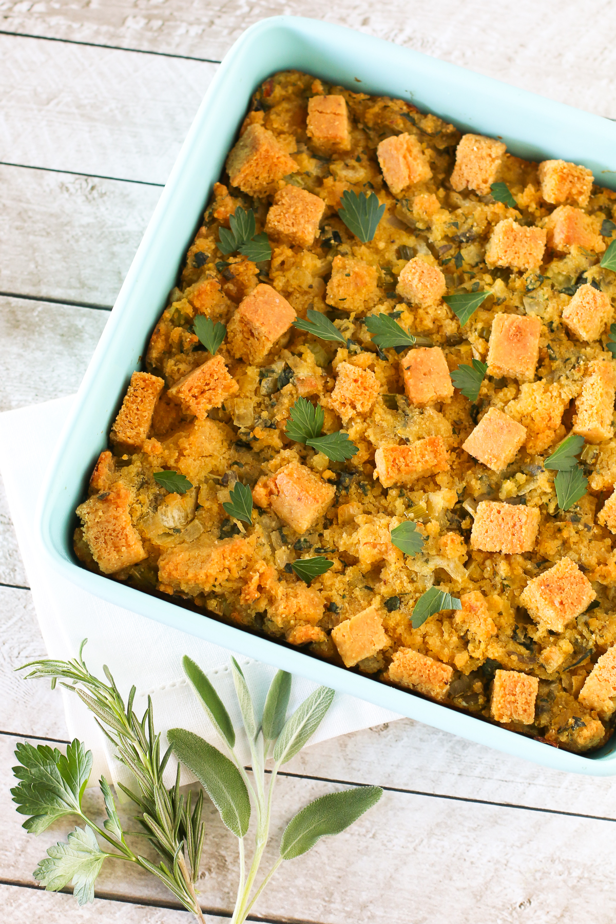 Gluten Free Vegan Cornbread Stuffing. Moist and packed with fresh herbs, this cornbread stuffing is so flavorful!