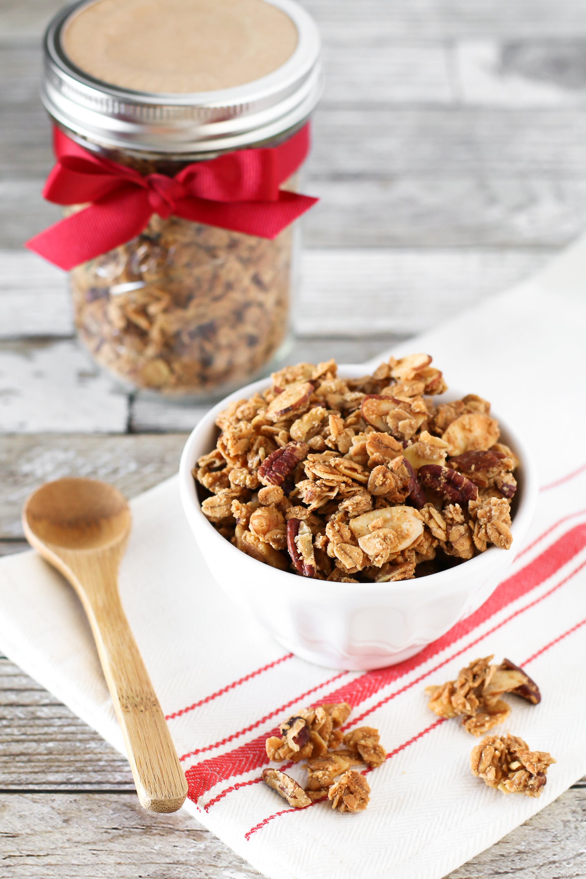 Gluten Free Holiday Spice Granola. With the addition of cinnamon, nutmeg, allspice and ginger, this granola is bursting with holiday spice! 