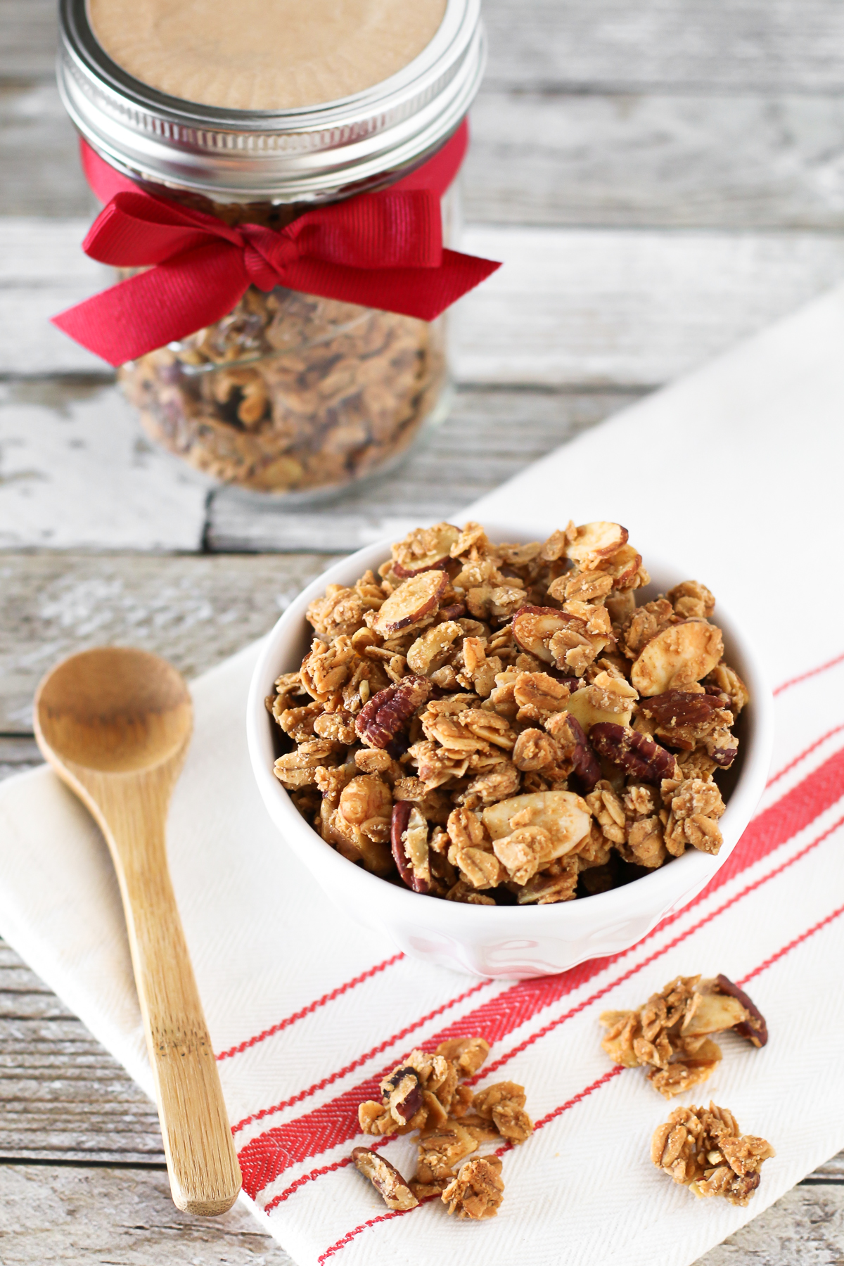 Gluten Free Holiday Spice Granola. With the addition of cinnamon, nutmeg, allspice and ginger, this granola is bursting with holiday spice! 
