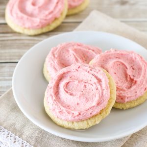 Gluten Free Vegan Frosted Strawberry Sugar Cookies. Soft vanilla sugar cookies with a creamy strawberry frosting.