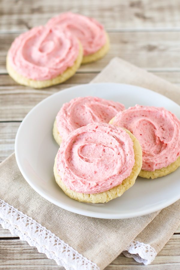 Gluten Free Vegan Frosted Strawberry Sugar Cookies. Soft vanilla sugar cookies with a creamy strawberry frosting.