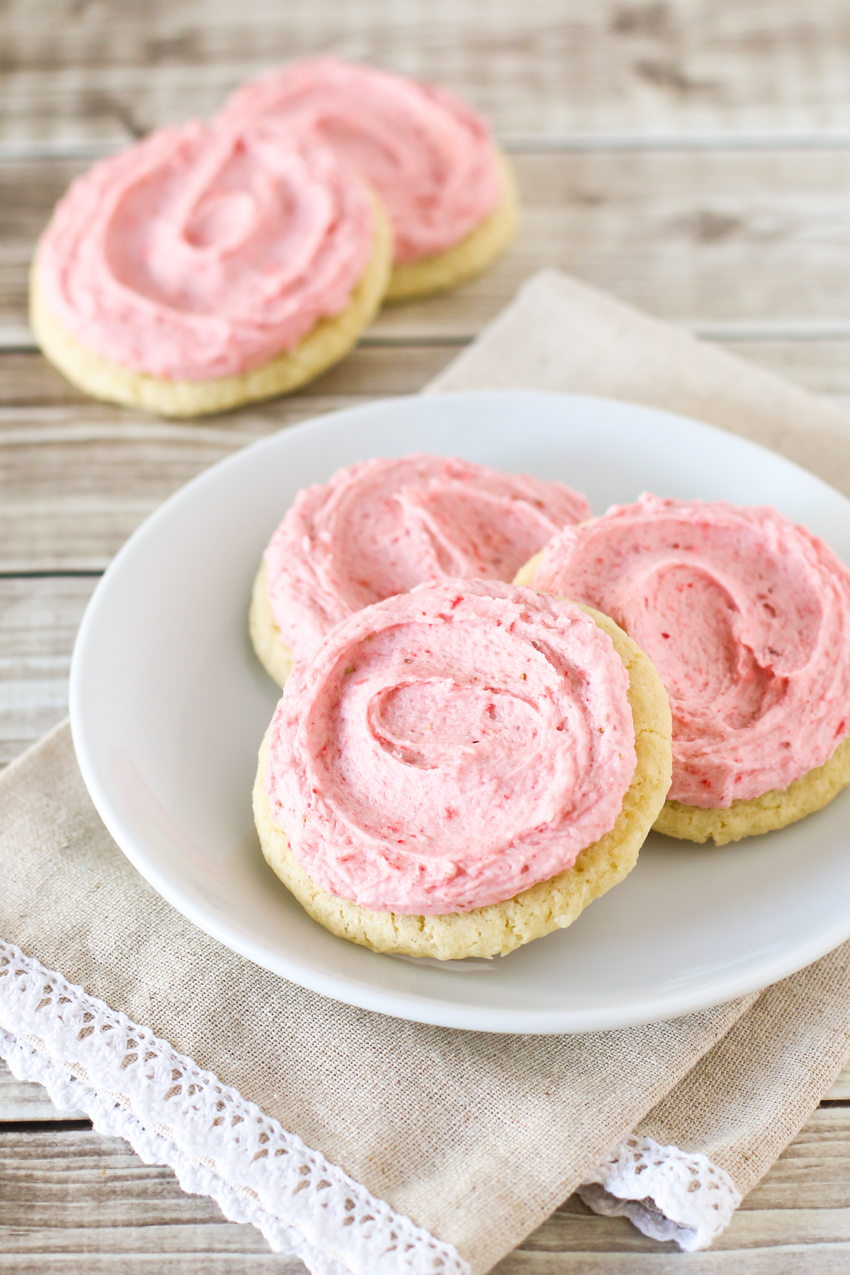 Gluten Free Vegan Frosted Strawberry Sugar Cookies. Soft vanilla sugar cookies with a creamy strawberry frosting.