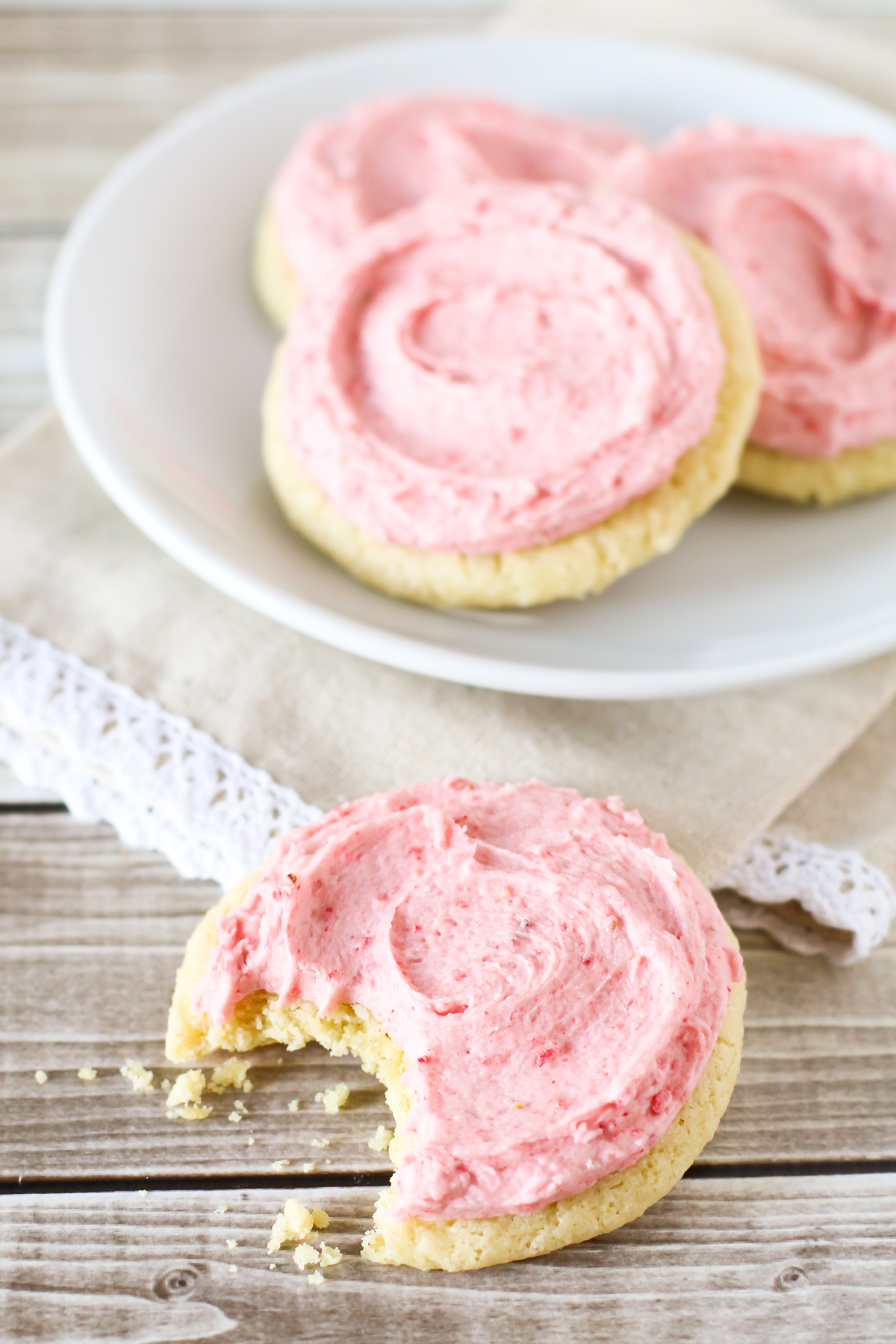 Gluten Free Vegan Frosted Strawberry Sugar Cookies. Soft vanilla sugar cookies with a creamy strawberry frosting.