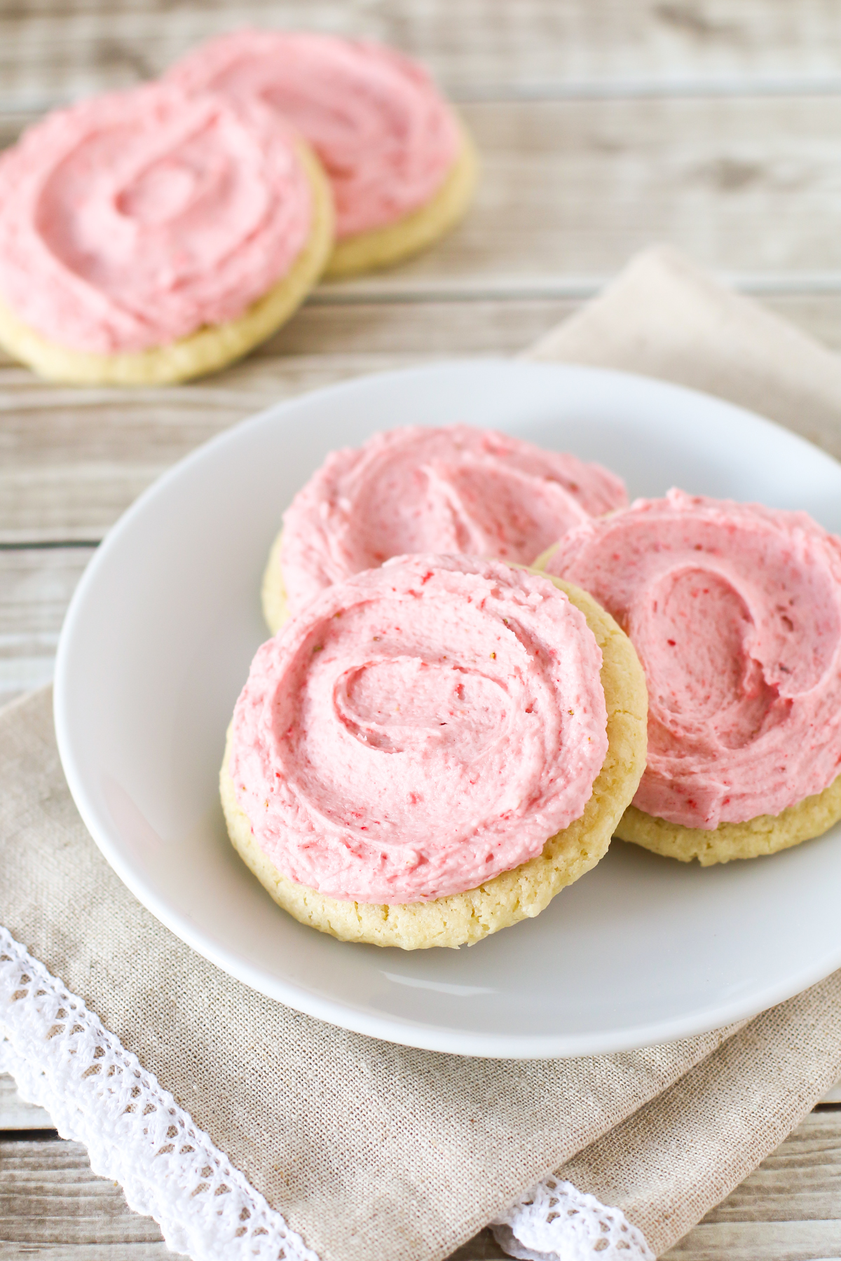 Gluten Free Vegan Frosted Strawberry Sugar Cookies. Soft vanilla sugar cookies with a creamy strawberry frosting.