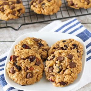 Gluten Free Vegan Trail Mix Cookies. These cookies are pack with nuts, dried fruit, coconut and of course, chocolate chips!