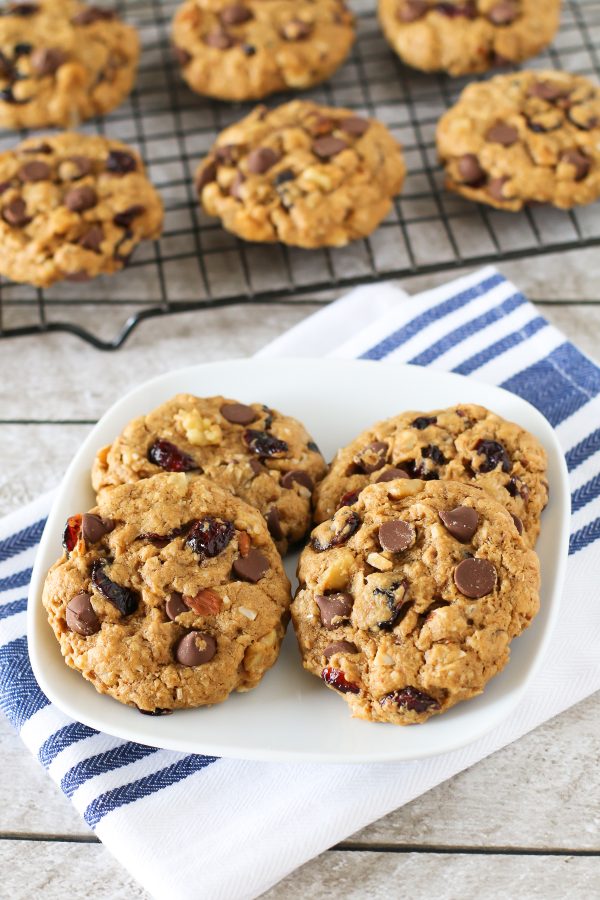 Gluten Free Vegan Trail Mix Cookies. These cookies are pack with nuts, dried fruit, coconut and of course, chocolate chips!