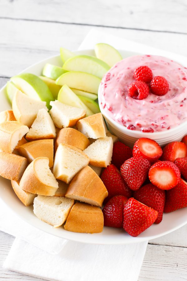 Dairy Free Raspberry Cheesecake Dip. Creamy cheesecake dip, with lemon and fresh raspberries. It’s pinkalicious!