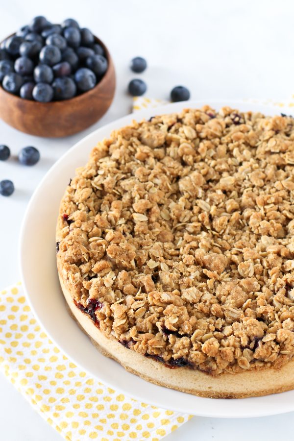 Gluten Free Vegan Blueberry Coffee Cake. Light vanilla cake with a layer of fresh, juicy blueberries and an oat crumb topping.