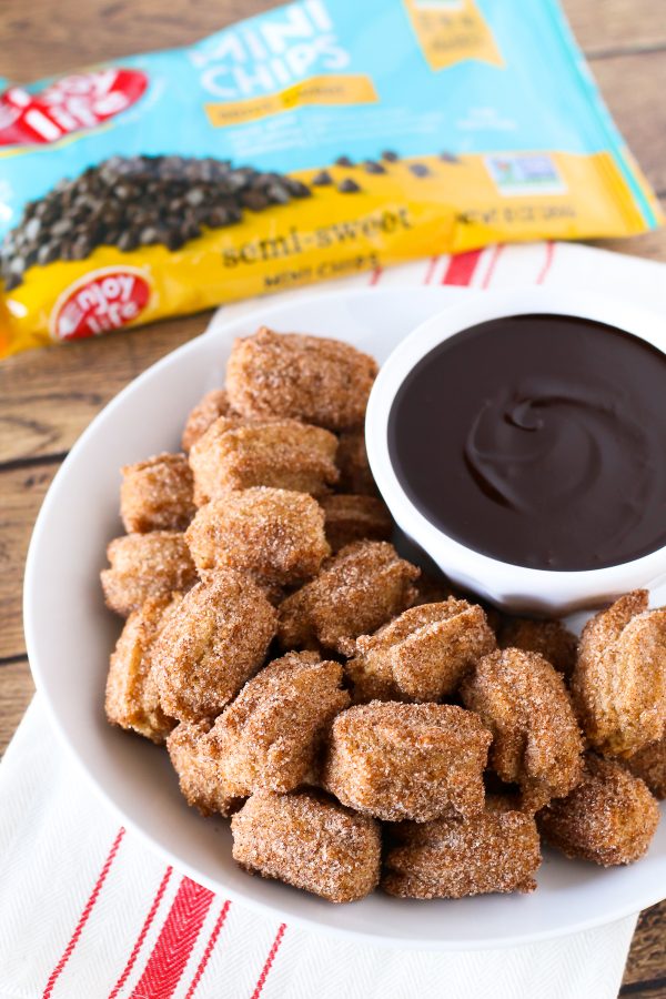 Gluten Free Vegan Churro Bites with Chocolate Sauce. Bite-size fried churros, served with a chocolate sauce made with Enjoy Life chocolate chips!
