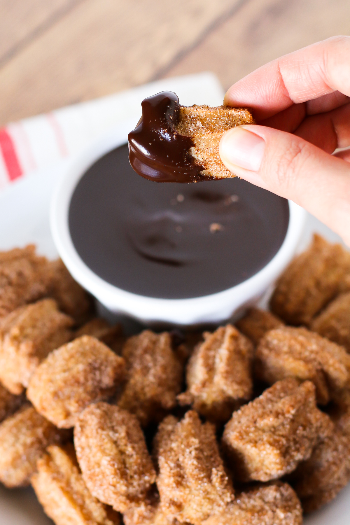 Gluten Free Vegan Churro Bites with Chocolate Sauce. Bite-size fried churros, dipped in a creamy chocolate sauce. You can’t dip just one!