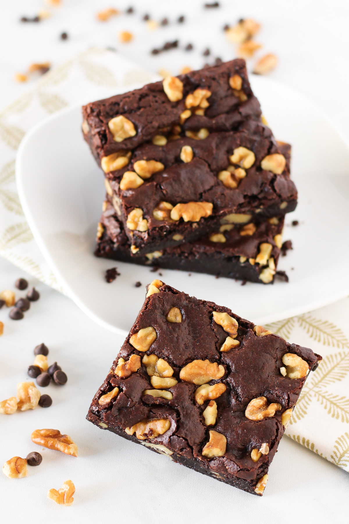 Gluten Free Vegan Walnut Brownies. Fudgy, chewy brownies, loaded with crunchy walnuts. My kind of brownie!