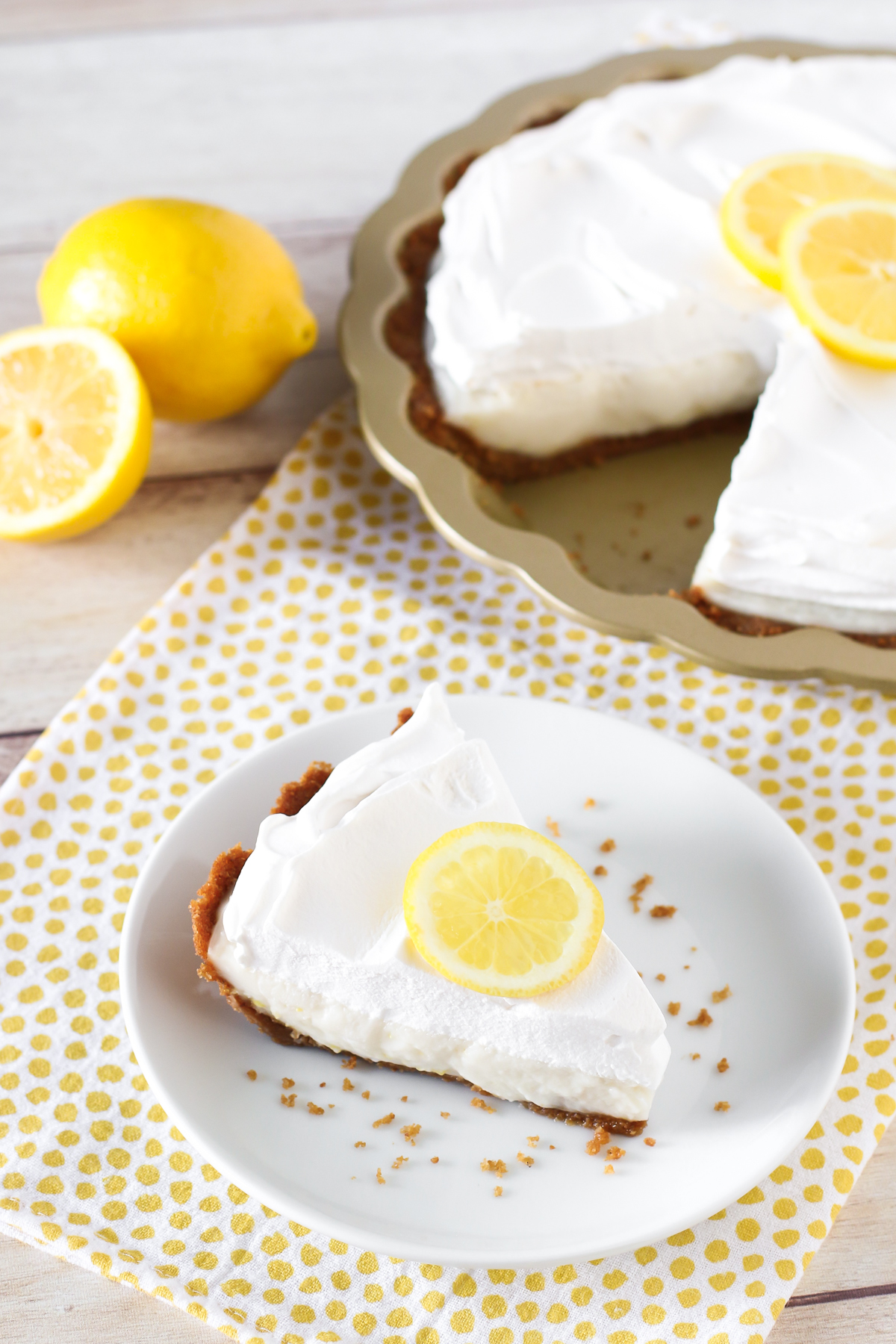 Gluten Free Vegan Lemon Cream Pie. Creamy, dreamy lemon filling in a graham cracker crust. A luscious lemon pie!