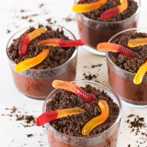 Gluten Free Dairy Free Dirt Cups. Creamy chocolate pudding topped with crushed chocolate cookie dirt. Can’t forget the gummy worms!