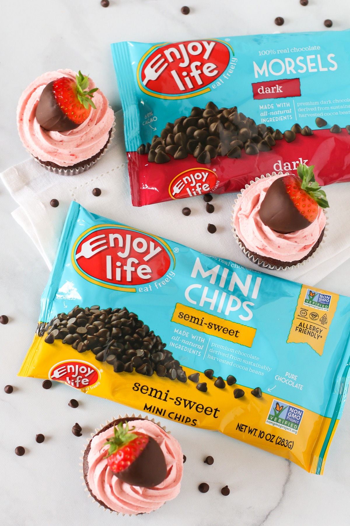 Gluten Free Vegan Chocolate Covered Strawberry Cupcakes. These beautiful cupcakes are made with allergen free chocolate chips from Enjoy Life!