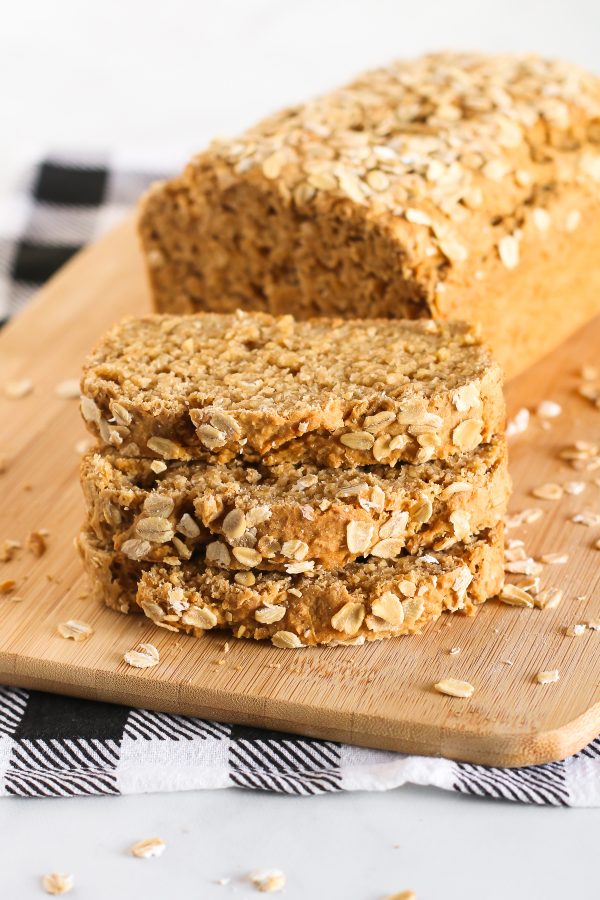 Gluten Free Vegan Oatmeal Quick Bread. Slices of soft oat bread, ready for your favorite jam or nut butter.